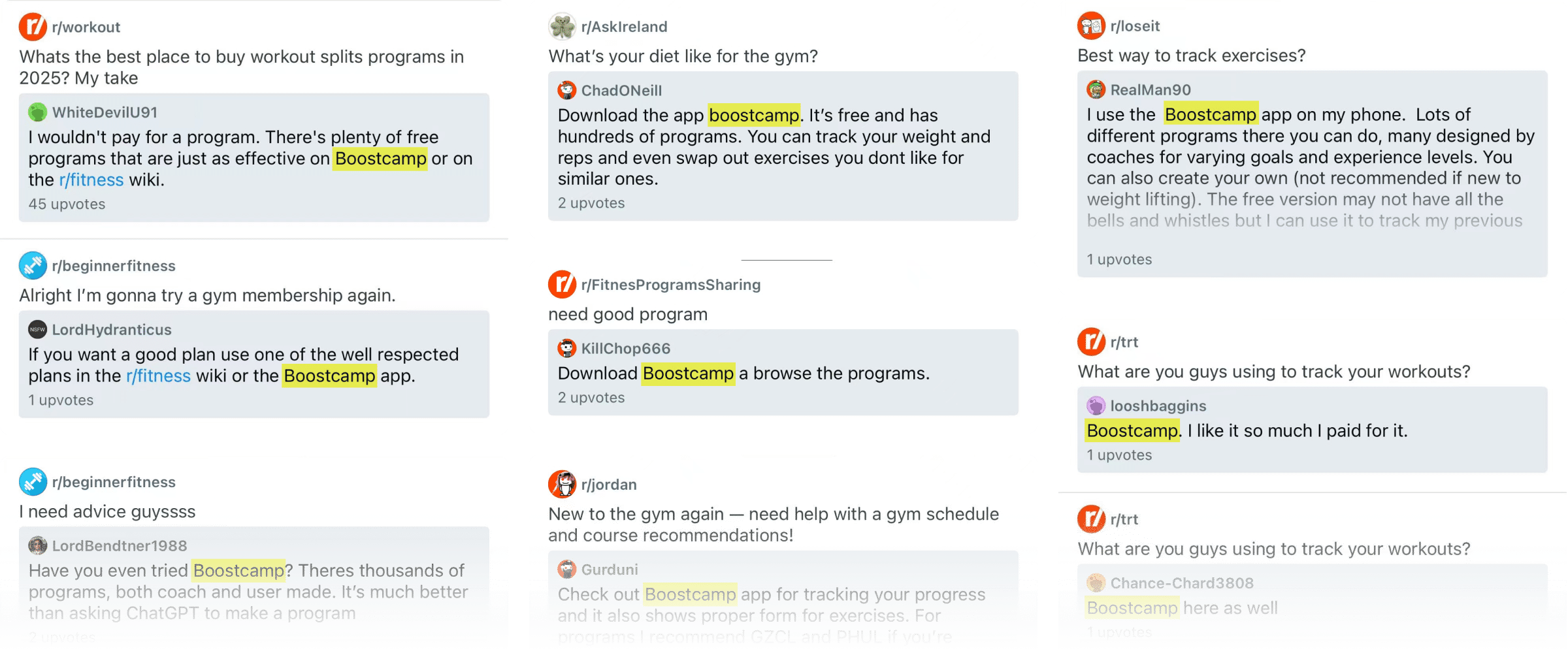 Collection of positive Reddit reviews about Boostcamp app